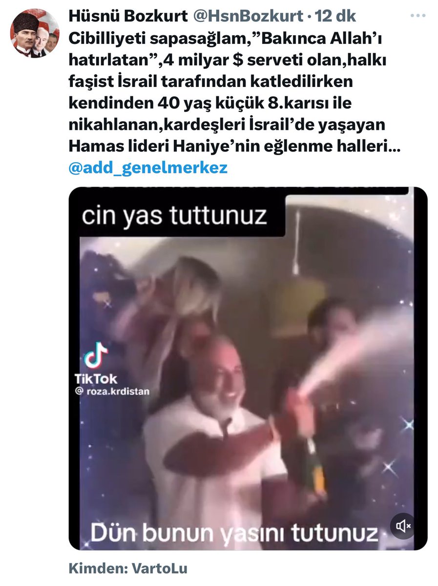 CHP'lilerin hepsi mi böyle?

Atatürkçü Düşünce Derneği başkanı ve  CHP eski milletvekili  Hüsnü Bozkurt,
Şehit lider İsmail Haniye hakkında iftira dolu bir paylaşım yaptı ardından sildi.