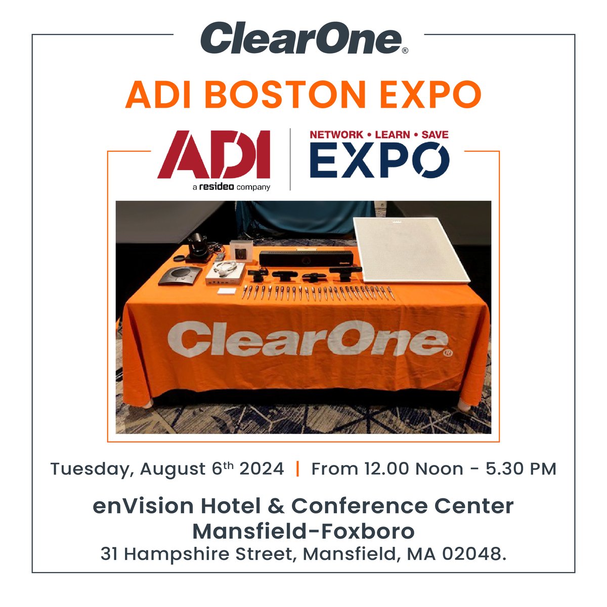 Join ClearOne at the ADI BOSTON EXPO!
Register for this event here: hubs.ly/Q02K54Ky0