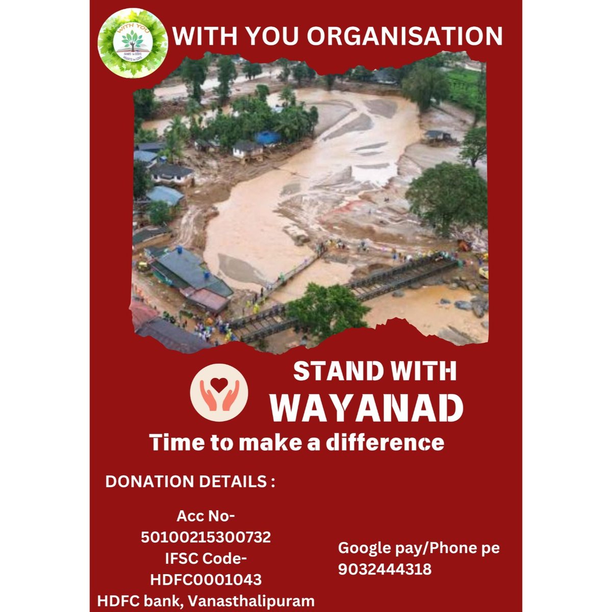 Withyou_org's tweet photo. Dear patrons, 
Wayanad is suffering from deadly landslides with severe rainfall which resulted in loss of life and property. People of wayanad are in dire need of basic food &amp; medical supplies.
Kerala flood relief campaign 2024 will ensure all the possible support to people. https://t.co/xMljxMjgNt