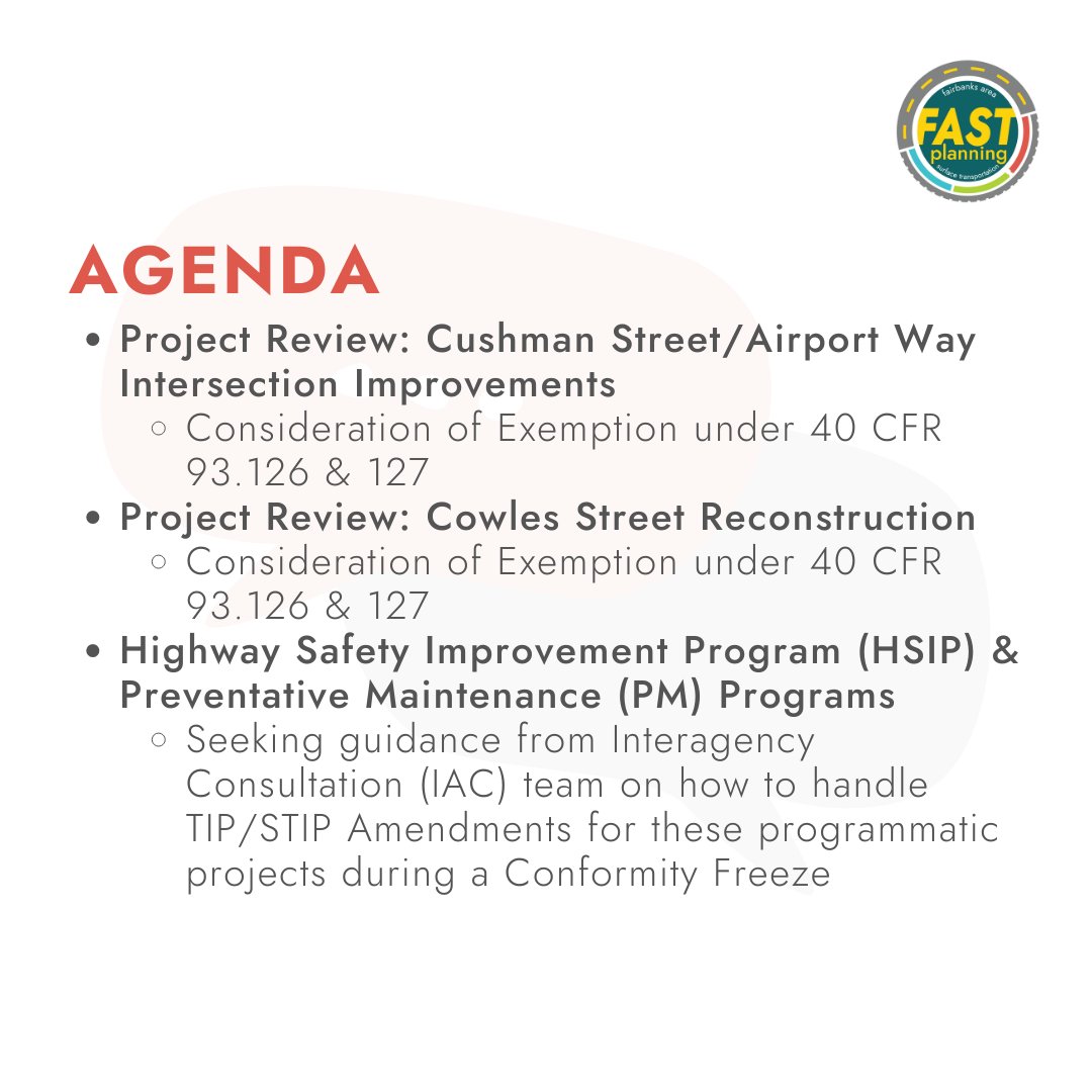 We are hosting a virtual Interagency Consultation at 12 PM today, Monday, August 5th 2024. <<swipe for the agenda>>
You can find the full meeting packet at fastplanning.us/meetings/other/ and join via zoom by going to fastplanning.us/keepup/zoom/ around the time of the meeting.