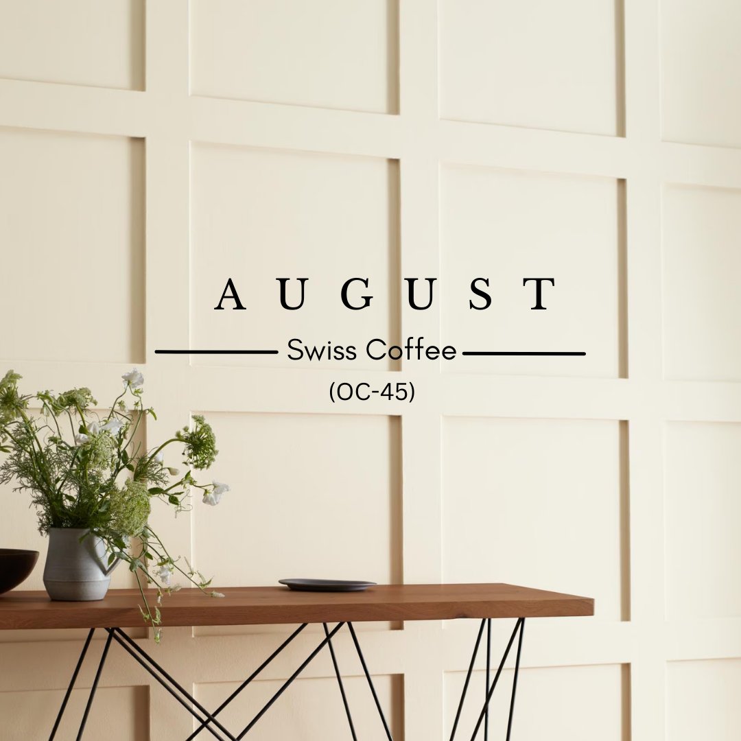 Swiss Coffee is our Color of the Month for August! This warm, creamy white with subtle beige and yellow hints is perfect for cozy, elegant spaces. Ideal for both contemporary and traditional decor. #SwissCoffee #ColorOfTheMonth #August #TimelessElegance #HomeDecor