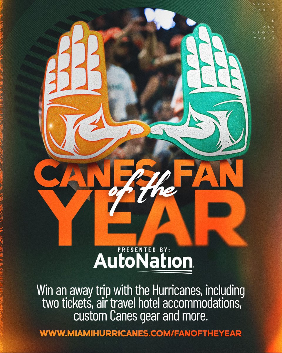 Are U the ultimate Canes Fan? 🙌
Submit your nomination for Canes Fan of the Year and win a trip to an away game with the Hurricanes. miamihurricanes.com/fanoftheyear/

<a href="/MiamiHurricanes/">Miami Hurricanes</a> <a href="/CanesFootball/">Miami Hurricanes Football</a>