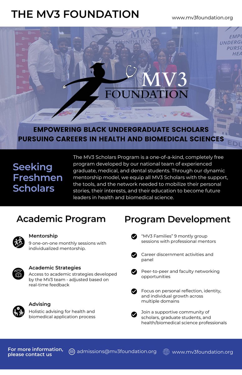 The 2024-2025 MV3 Scholars Program Application for Freshmen is now open.

Apply for a program that will shape your undergraduate years at bit.ly/mv3app2024 

For more information please visit our website mv3foundation.org