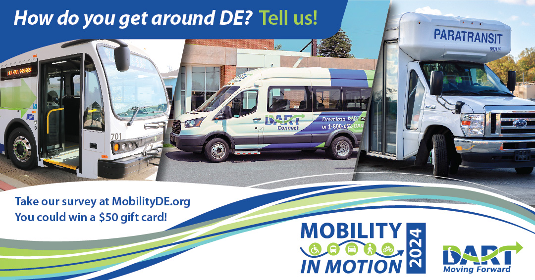DECommuteSol's tweet photo. Help shape Delaware's transportation future! Complete our survey at https://t.co/vBoBOyTTpi by 9/27 to share your travel experiences and enter to win a $50 gift card. Your voice matters! @Dartfirststate #DelawareCommuteSolutions #MobilityInMotion https://t.co/3rq1oMiKKX