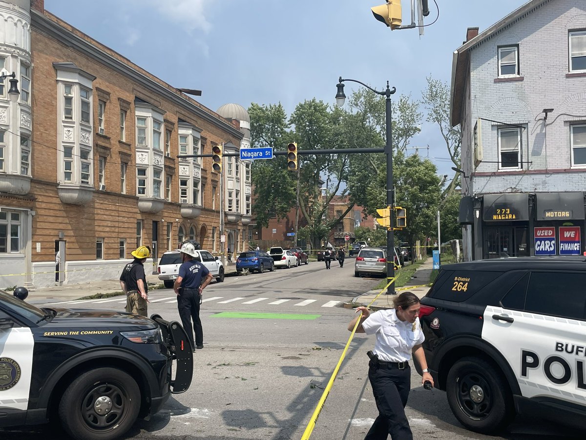 WBEN's tweet photo. NOW: Storm assessment continues as a possible tornado smashed a part of Downtown Buffalo. This is the scene near Niagara Street and Carolina Street, where several trees are damaged or destroyed. https://t.co/HAgERRfHmv
