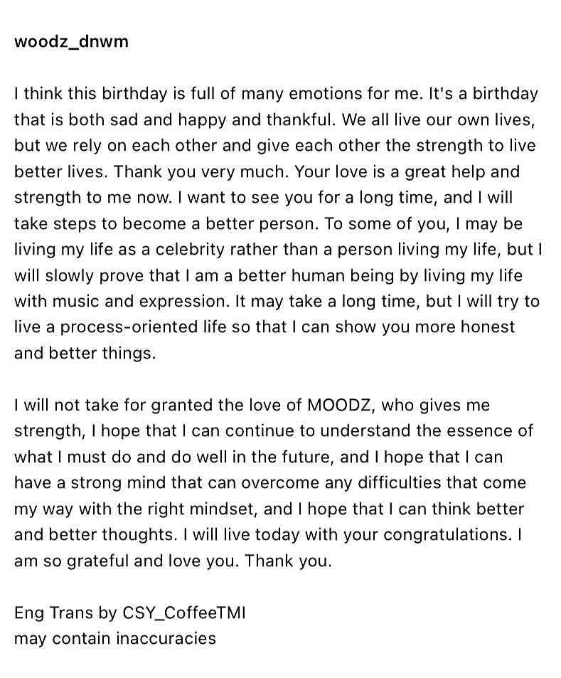 CSY_CoffeeTMI's tweet photo. 240806 woodz_dnwm ig story

“I will slowly prove that I am a better human being by living my life with music and expression. I will not take for granted the love of MOODZ, who gives me strength. I am so grateful and love you. Thank you.”

#WOODZ #우즈 #조승연 https://t.co/Z0m7QrtQ0i