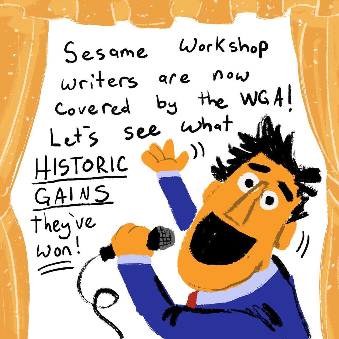 AWorkersIgnited's tweet photo. via @TuffWaffles Sesame Workshop writers are now covered by the WGA! Why is that important to TAG writers? Because the AMPTP told us that the WGA would NEVER cover kids animation writing. WELL LOOK AT US NOW, CAROL LOMBARDINI! (1 of 3) @SesameWorkshop https://t.co/fgNiUlZpm9