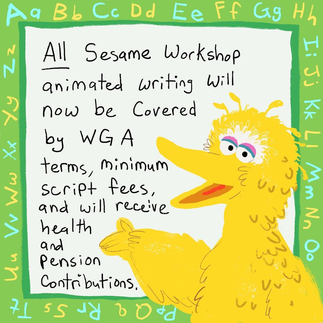 AWorkersIgnited's tweet photo. via @TuffWaffles Sesame Workshop writers are now covered by the WGA! Why is that important to TAG writers? Because the AMPTP told us that the WGA would NEVER cover kids animation writing. WELL LOOK AT US NOW, CAROL LOMBARDINI! (1 of 3) @SesameWorkshop https://t.co/fgNiUlZpm9