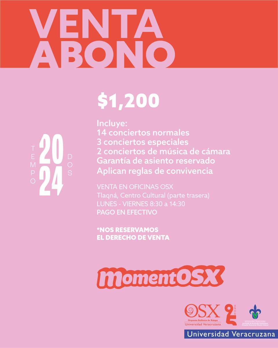 🚨¡¡ES HOY, ES HOY!!🚨 Damos por inaugurada la venta del #Abono de la Temporada Dos 2024😎 
👉🏻14 Conciertos + 3 especiales
👉🏻2 conciertos extra de Música de Cámara
👉🏻Garantía de asiento
👉🏻Avisos exclusivos
💰$1,200 pesos (en efectivo)
📆De L a V de 8:30 a 14:30 h en Tlaqná
