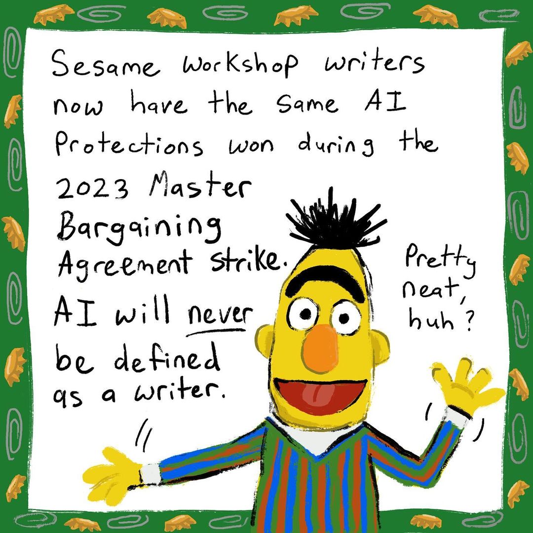 via <a href="/TuffWaffles/">🌈Caroline Foley🐈</a> Sesame Workshop writers are now covered by the WGA! Why is that important to TAG writers? Because the AMPTP told us that the WGA would NEVER cover kids animation writing. WELL LOOK AT US NOW, CAROL LOMBARDINI! (1 of 3) <a href="/SesameWorkshop/">Sesame Workshop</a>