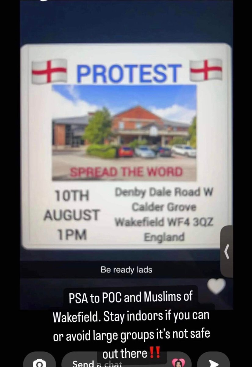 🚨 WAKEFIELD 🚨

FASCIST RIOT PLANNED ON SATURDAY 10TH AUGUST — GET IN TOUCH TO MOBILISE