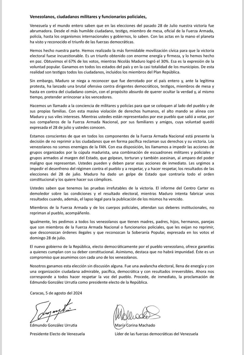 AndrewsAbreu's tweet photo. #URGENTE 2:30pm Mensaje de Edmundo González : 

Venezolanos, ciudadanos militares y funcionarios policiales:

Nuestro mensaje en esta hora decisiva para el futuro de la República. https://t.co/p6pnJmpkWb