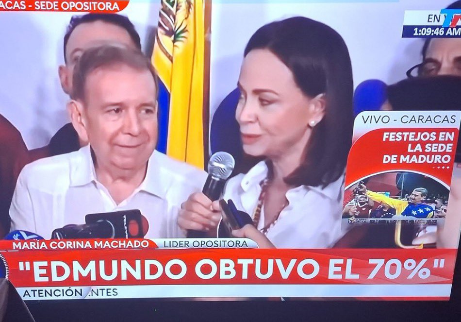 RNacional_News's tweet photo. 🟥 URGENTE | María Corina y Edmundo González le piden a las fuerzas militares que se rebelen contra el ilegítimo delincuente de Nicolás Maduro, tras confirmarse el fraude electoral. 🔥🔁 https://t.co/m5VntqKWt1