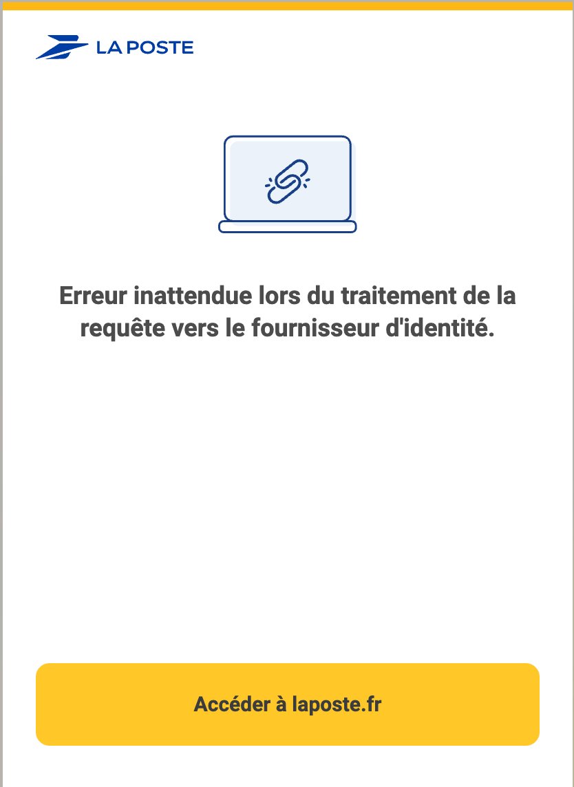 ptitpim's tweet photo. @lisalaposte Alors que je finalisais l'envoi de ma lettre recommandée électronique, j'ai été déconnecté. Maintenant message d'erreur : "Erreur inattendue lors du traitement de la requête vers le fournisseur d'identité." https://t.co/LqZkfPeJse