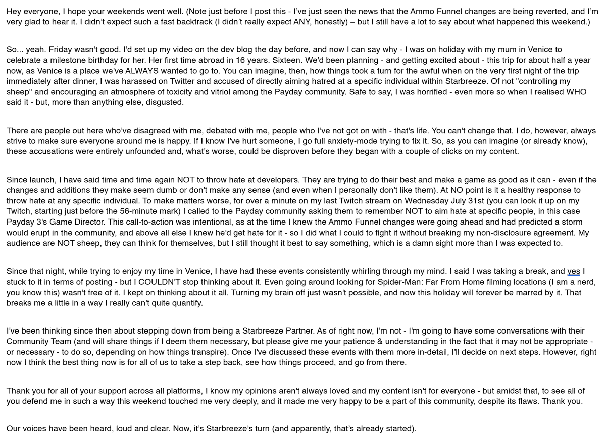 RedArcherLive's tweet photo. Hey. Sorry to do this as an image, but I have a few things I want to say about the events this weekend surrounding myself and the Payday community and I want them in one tweet. Please read below: https://t.co/xfedPSx5a7