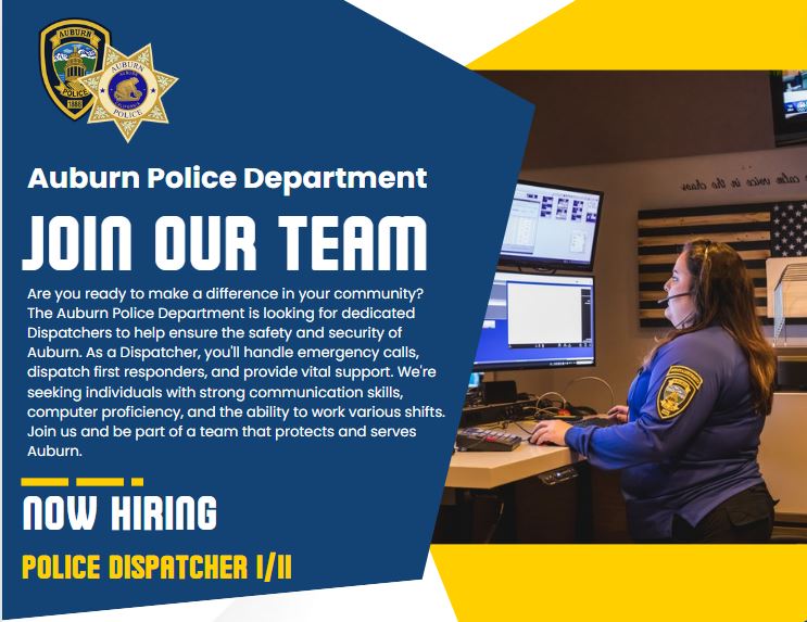 🚓📞 Auburn Police department is hiring a Dispatcher I/II 📞🚓

For more information about the position and apply, visit:

calopps.org/auburn/job-205…