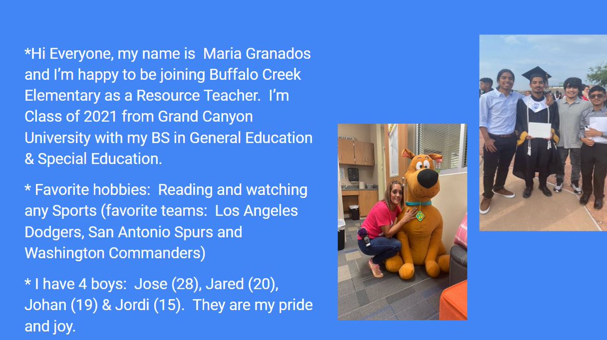 Dr. Laura Ramos (@drlauraramos) on Twitter photo Please help us welcome our newest special education-resource teacher, Mrs. Granados! We are so excited to have her join our BCE family! 💚💙🦬#BCEProud <a href="/Buffalo_Creek1/">Buffalo Creek Elem</a> Please help us welcome our newest special education-resource teacher, Mrs. Granados! We are so excited to have her join our BCE family! 💚💙🦬#BCEProud <a href="/Buffalo_Creek1/">Buffalo Creek Elem</a>