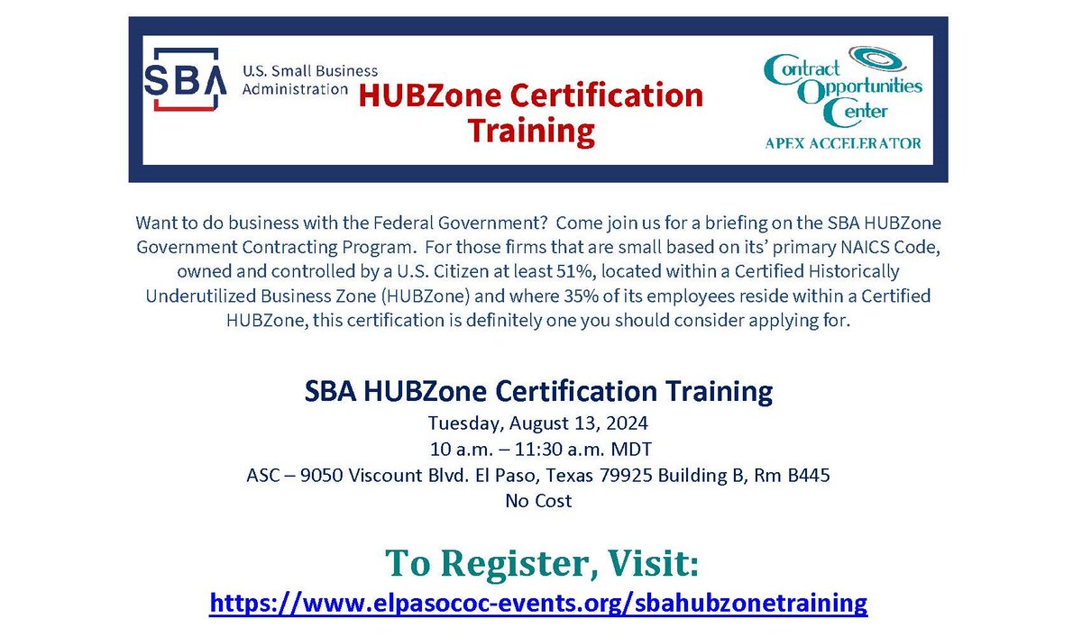 COCEPCC's tweet photo. Learn about the SBA HubZone Government Contracting Program with our upcoming Training scheduled Tuesday, August 13, 2024. Registration is at no cost at: https://t.co/JlFG7Ot4vs https://t.co/o4ohJuZwrI