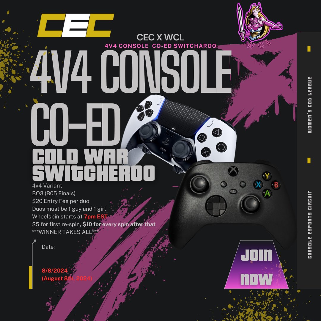 AMCompSeries's tweet image. Did someone say “switcheroo”?
4v4 Variant CONSOLE CO-ED CW switch
Presented by @CECircuit x @WCLCodLeague 

🚨DATE: THURSDAY 8/8/24🚨
4v4 
Bo3 (Bo5 finals)
Duos must be 1 guy and 1 girl
$20 entry fee ($10/person)
$5 re-spin, $10 for every spin after that

***WINNER TAKES ALL***