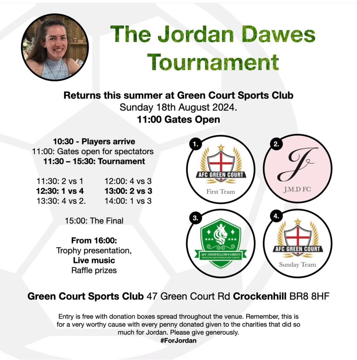 The odds will be back in action at the annual Jordan Dawes tournament, returns on Sunday 18th August. Raising funds for 5 fantastic charities who helped Jordan and the Dawes family along the way. 
 
📍greencourt sports club - BR8 8HF
🕰️ gates open at 11