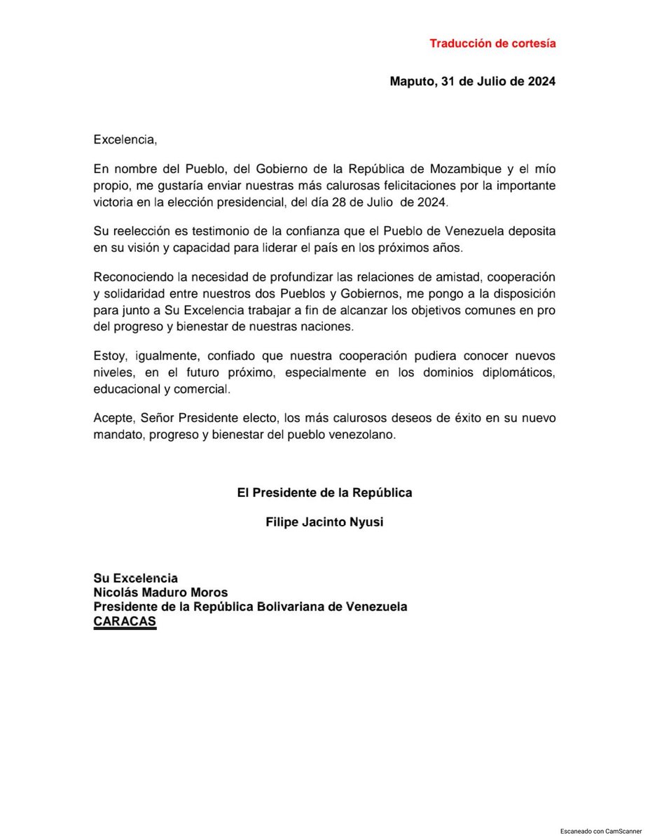 Yvan Gil (@yvangil) on Twitter photo En nombre del Presidente <a href="/NicolasMaduro/">Nicolás Maduro</a> y del pueblo venezolano, expresamos nuestro sincero agradecimiento al Presidente de Mozambique, Felipe Jacinto Nyusi, por su amable mensaje de felicitaciones con motivo de la reciente victoria electoral, así como por su deseo de elevar las En nombre del Presidente <a href="/NicolasMaduro/">Nicolás Maduro</a> y del pueblo venezolano, expresamos nuestro sincero agradecimiento al Presidente de Mozambique, Felipe Jacinto Nyusi, por su amable mensaje de felicitaciones con motivo de la reciente victoria electoral, así como por su deseo de elevar las