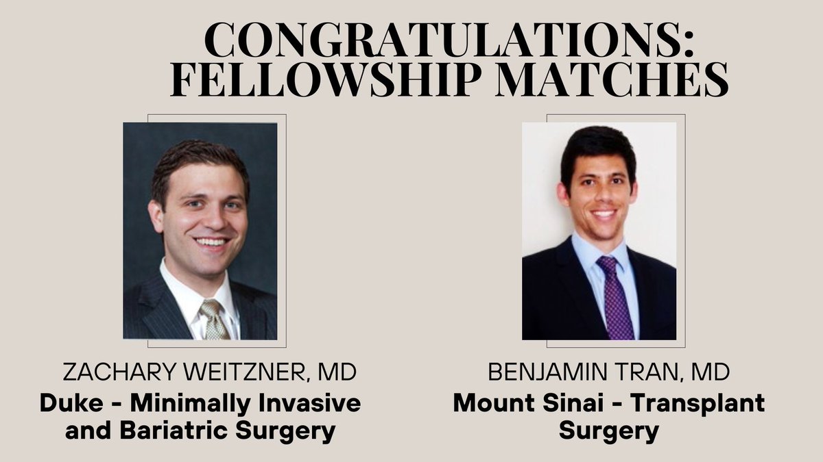 UCLA General Surgery Residency Program (@uclasurgeryres) on Twitter photo 📢We want to 🥳 congratulate our Chief Residents for matching into these #fellowship programs!
<a href="/ZachWeitznerMD/">Zach_Weitzner_MD</a> matched #MIS at <a href="/DukeSurgery/">Duke Surgery</a>
#BenTranMD matched #TransplantSurgery at <a href="/MSHSSurgery/">Mount Sinai Surgery</a> 📢We want to 🥳 congratulate our Chief Residents for matching into these #fellowship programs!
<a href="/ZachWeitznerMD/">Zach_Weitzner_MD</a> matched #MIS at <a href="/DukeSurgery/">Duke Surgery</a>
#BenTranMD matched #TransplantSurgery at <a href="/MSHSSurgery/">Mount Sinai Surgery</a>