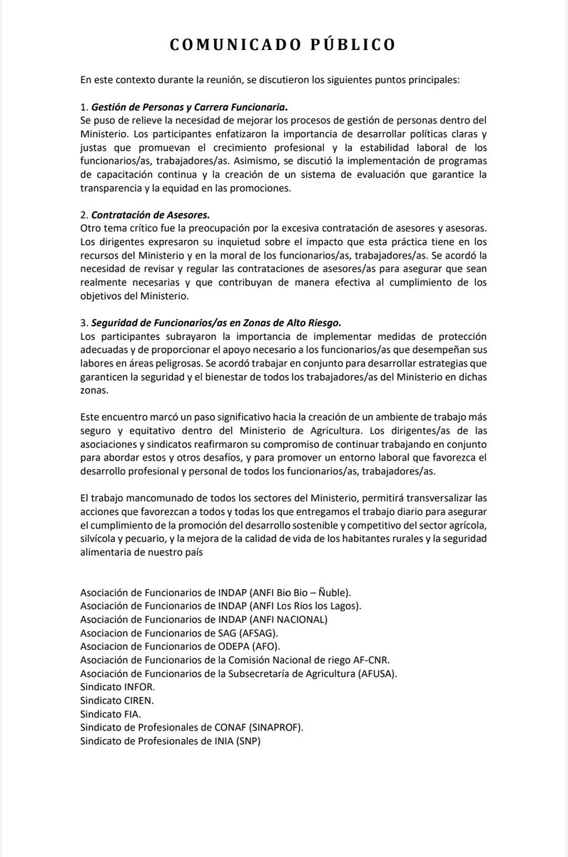 Comunicado público reunión coordinación de Dirigentes de Asociaciones de Funcionarios/as y Sindicato de trabajadores/as de los servicios del Ministerio de Agricultura