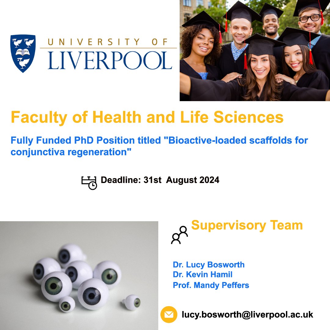 PhDScanner (@phdscanner) on Twitter photo 🔃Fully Funded 📢📢 #phdposition alert
✅Passionate about #engineering #medicine #biomaterials👁🗨👀
✅ Rare upto 3⃣ years fully funded, #PhDposition within the Faculty of Health and Life Sciences <a href="/LivUni/">University of Liverpool</a>
📌This #phdproject is titled "Bioactive-loaded scaffolds for conjunctiva 🔃Fully Funded 📢📢 #phdposition alert
✅Passionate about #engineering #medicine #biomaterials👁🗨👀
✅ Rare upto 3⃣ years fully funded, #PhDposition within the Faculty of Health and Life Sciences <a href="/LivUni/">University of Liverpool</a>
📌This #phdproject is titled "Bioactive-loaded scaffolds for conjunctiva
