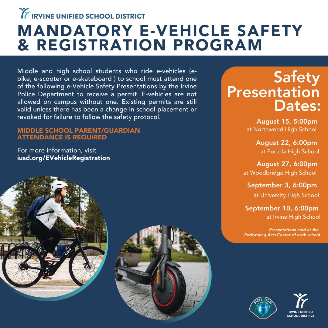 Irvine Unified (@iusd) on Twitter photo Mark your calendars! IUSD middle and high schools, in partnership with <a href="/IrvinePolice/">Irvine Police Department</a>, are hosting mandatory e-vehicle safety presentations. 🚲🛴🛹 Attendance is required for a parking permit. Learn more: iusd.org/eVehicleProgra… Mark your calendars! IUSD middle and high schools, in partnership with <a href="/IrvinePolice/">Irvine Police Department</a>, are hosting mandatory e-vehicle safety presentations. 🚲🛴🛹 Attendance is required for a parking permit. Learn more: iusd.org/eVehicleProgra…