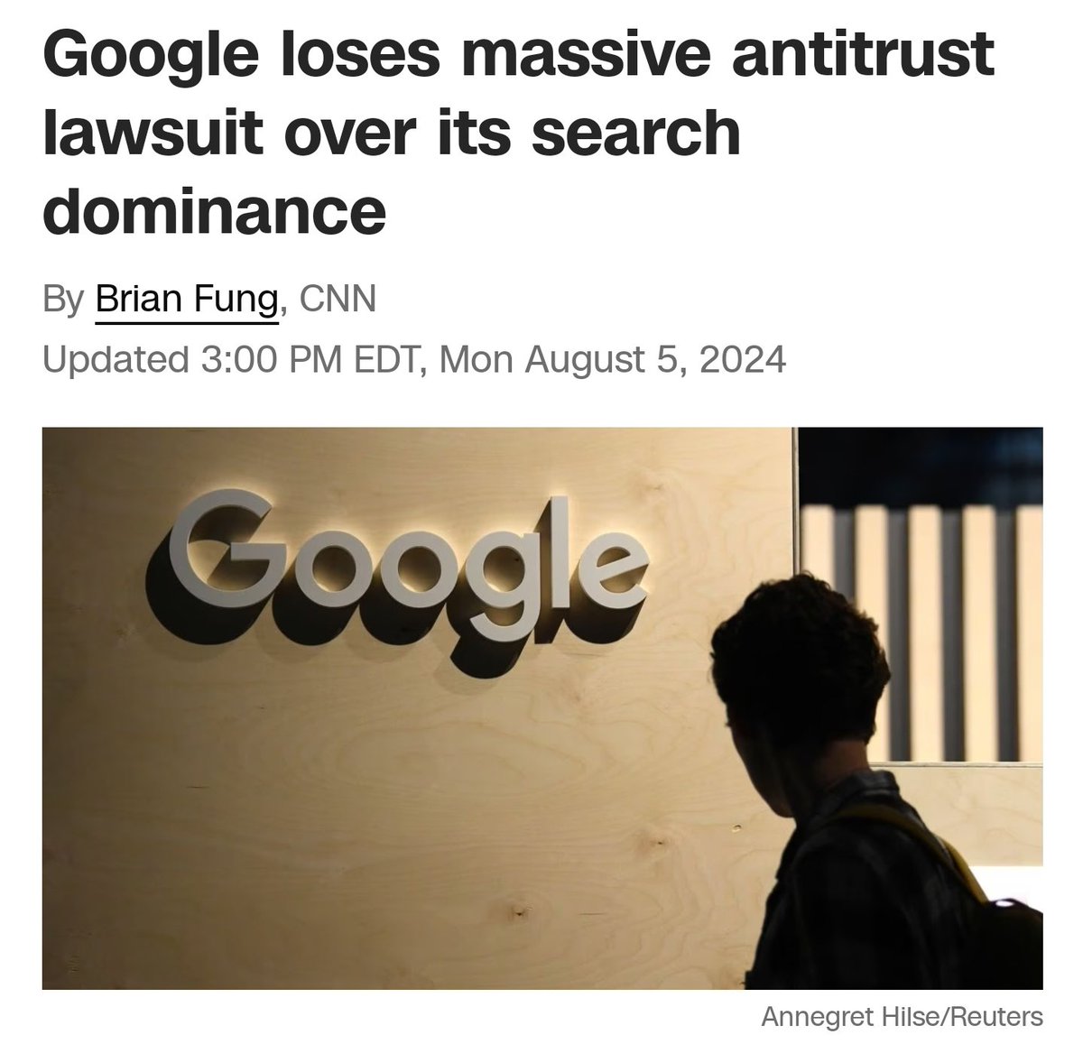 Rahll's tweet image. Holy sh*t, Google lost the antitrust case over their search engine practices, they&apos;re officially a monopoly. 

cnn.com/2024/08/05/bus…