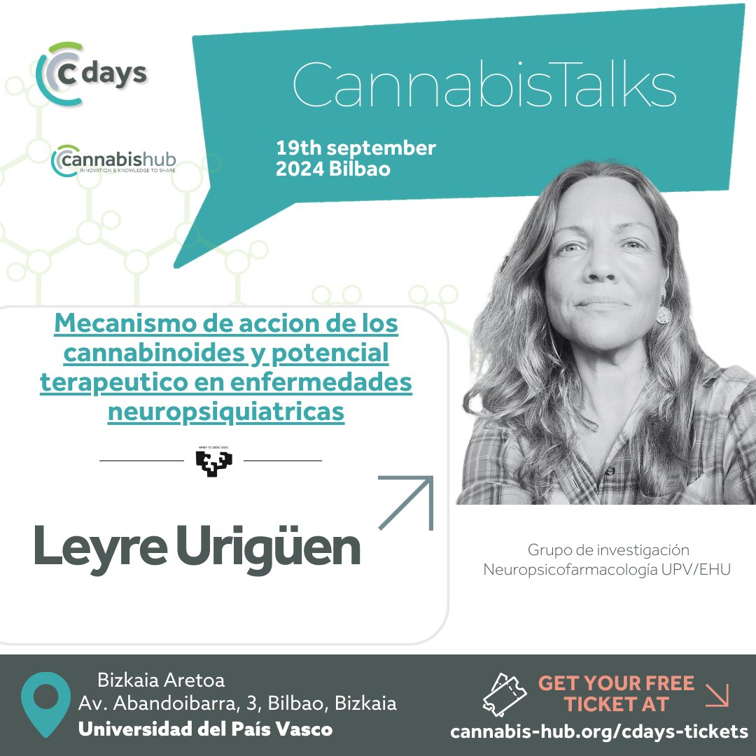 Leyre Urigüen hablará en los Cdays sobre el Mecanismo de Acción de los Cannabinoides y su Potencial Terapéutico en Enfermedades Neuropsiquiátricas. Con los cannabinoides ganando terreno en el tratamiento de trastornos como la ansiedad y la depresión, esta charla es clave.