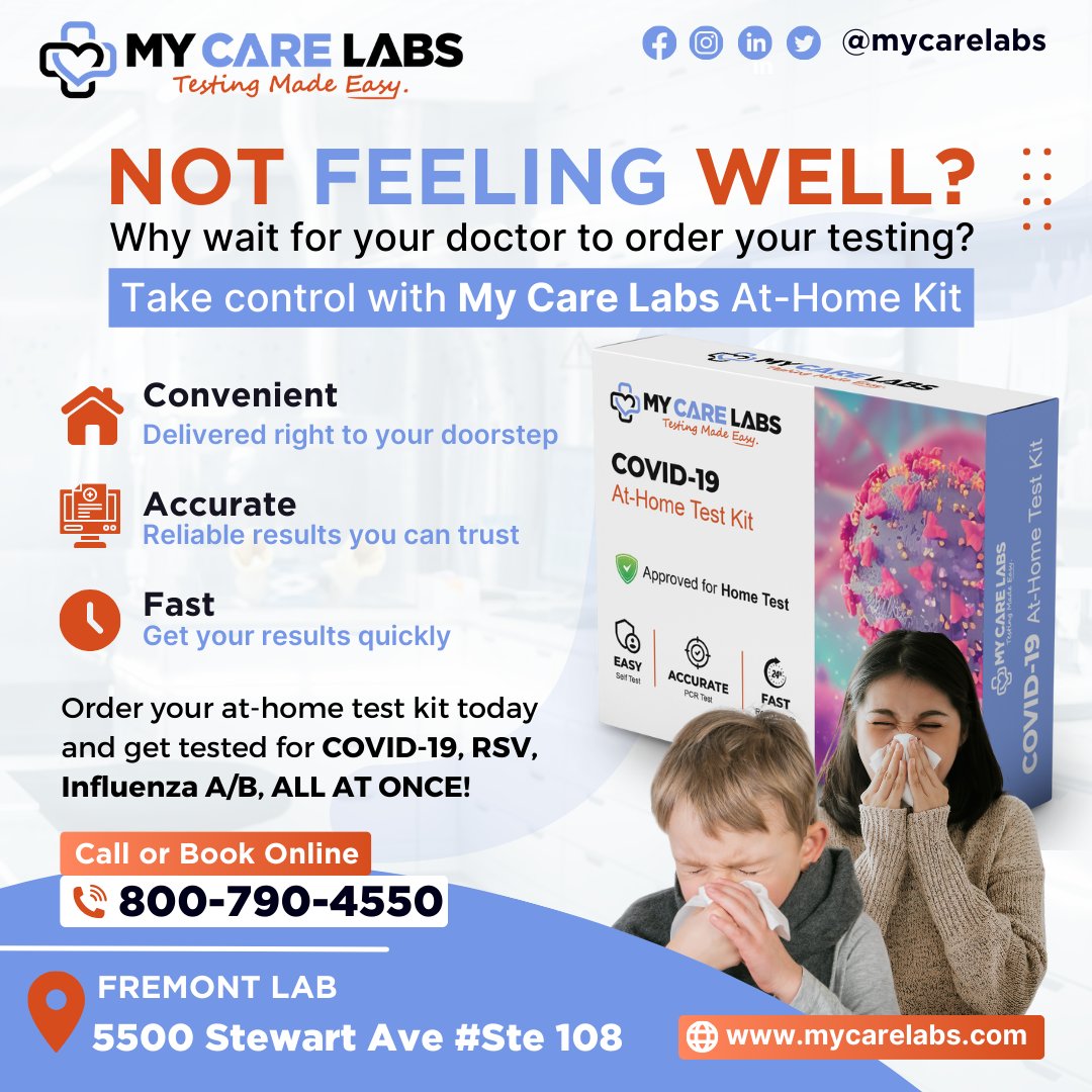 MyCareLabs's tweet photo. Not Feeling Well? 🤒 Why wait for your doctor to order testing? Take charge with My Care Labs' At-Home Test Kit! 🏠🧪

Order now and test for COVID-19, RSV, and Influenza A/B—all at once, from the comfort of home. https://t.co/0jF6qic2Uo