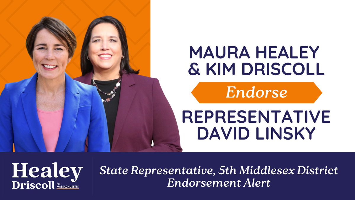 David P. Linsky (@repdavidlinsky) on Twitter photo Endorsement Alert:
I am proud to announce that I have been endorsed for re-election in the September 3 Democratic Primary for re-election by Governor Healey and Lt. Governor Driscoll!
<a href="/maura_healey/">Maura Healey</a> <a href="/KimDriscollMA/">Kim Driscoll</a>
Go to DavidLinsky.org for more! Endorsement Alert:
I am proud to announce that I have been endorsed for re-election in the September 3 Democratic Primary for re-election by Governor Healey and Lt. Governor Driscoll!
<a href="/maura_healey/">Maura Healey</a> <a href="/KimDriscollMA/">Kim Driscoll</a>
Go to DavidLinsky.org for more!