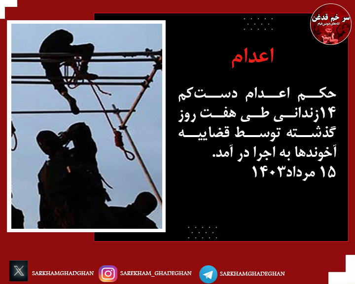 #اعدام 
حکم اعدام دست‌کم ۱۴زندانی طی هفت روز گذشته توسط قضاییه آخوندها به اجرا در آمد. 
این احکام در زندان‌های خرم‌آباد، تبریز، بوشهر و چند زندان دیگر در ایران اجرا شد.
۱۵ مرداد۱۴۰۳
