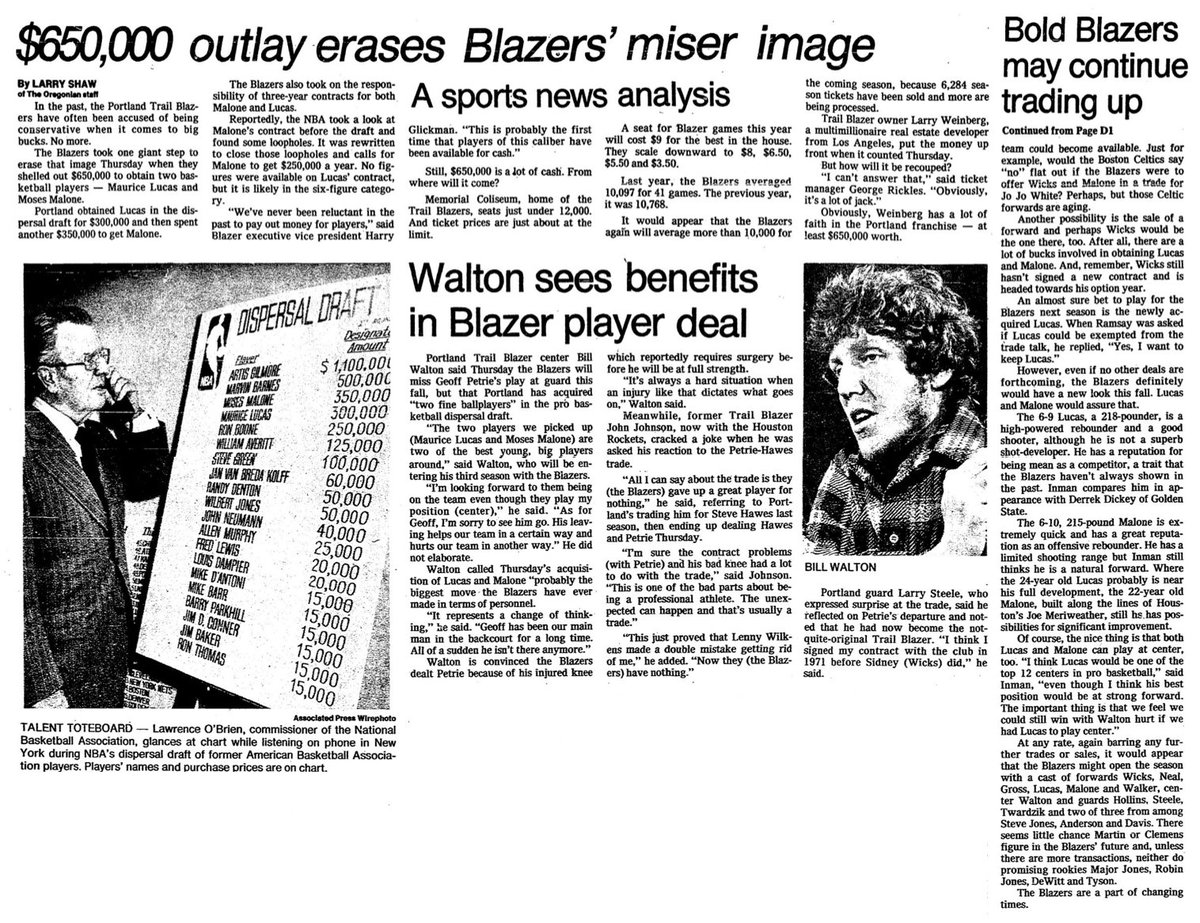 77Blazers's tweet photo. August 5 1976 - #GeoffPetrie, the last Original @trailblazers player, was traded along with back up center #SteveHawes to the @ATLHawks for the 2nd pick in the #ABA Dispersal Draft.
With the pick the #Blazers selected #MauriceLucas formally of the defunct #KentuckyColonels. Lucas, who played at @MarquetteU before signing with the #SpiritsOfStLouis of the #ABA, where he was a teammate of Blazers guard #SteveJones during the 1974/75 season.
With their own pick, #Portland selected #MosesMalone who also played with the Spirits. Malone is the first player to go straight from HS to the pros when he signed with the #UtahStars in the summer of 1974.
When he was traded, Petrie, Portland’s 1st pick in the 1970 @NBA Draft from @Princeton held all the clubs scoring records, including most points in a season (2031), points in a game, twice scored 51 points in 1973. Besides being the all-time leading scorer with 9,732 points, he was also the leader in FGM, FGA, FTM, FTA, and Assists. He is still ranked in Top-10 in most of these categories today.
Petrie shared the #NBA Rookie of the Year Award in 1971 with @celtics center #DaveCowens and twice played in the annual All-Star game (1971 and ’74).
Petrie was entering into his option year and contracts talks had stalled as the Blazers wanted to see how Petrie's knee would react to surgery that was needed, while Petrie wanted a new contract prior to any surgery being performed.
#RipCity #ThisDateinBlazersHistory 🧵