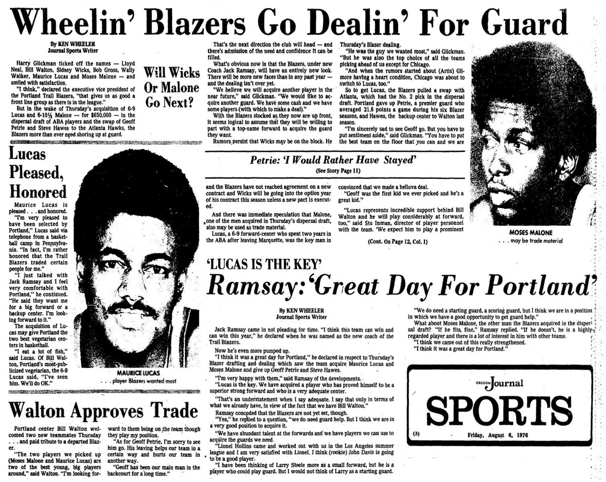 77Blazers's tweet photo. August 5 1976 - #GeoffPetrie, the last Original @trailblazers player, was traded along with back up center #SteveHawes to the @ATLHawks for the 2nd pick in the #ABA Dispersal Draft.
With the pick the #Blazers selected #MauriceLucas formally of the defunct #KentuckyColonels. Lucas, who played at @MarquetteU before signing with the #SpiritsOfStLouis of the #ABA, where he was a teammate of Blazers guard #SteveJones during the 1974/75 season.
With their own pick, #Portland selected #MosesMalone who also played with the Spirits. Malone is the first player to go straight from HS to the pros when he signed with the #UtahStars in the summer of 1974.
When he was traded, Petrie, Portland’s 1st pick in the 1970 @NBA Draft from @Princeton held all the clubs scoring records, including most points in a season (2031), points in a game, twice scored 51 points in 1973. Besides being the all-time leading scorer with 9,732 points, he was also the leader in FGM, FGA, FTM, FTA, and Assists. He is still ranked in Top-10 in most of these categories today.
Petrie shared the #NBA Rookie of the Year Award in 1971 with @celtics center #DaveCowens and twice played in the annual All-Star game (1971 and ’74).
Petrie was entering into his option year and contracts talks had stalled as the Blazers wanted to see how Petrie's knee would react to surgery that was needed, while Petrie wanted a new contract prior to any surgery being performed.
#RipCity #ThisDateinBlazersHistory 🧵