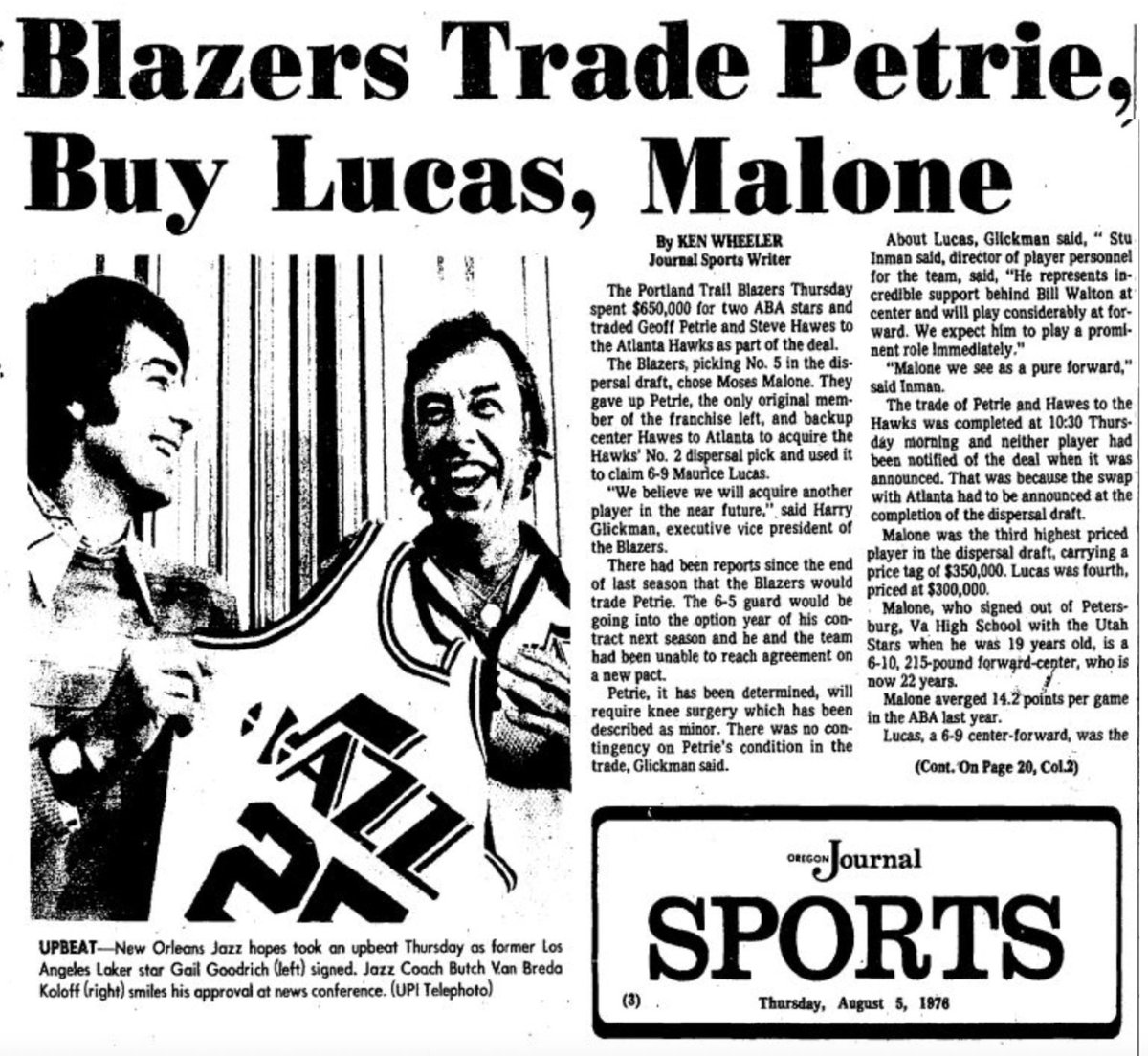 77Blazers's tweet photo. August 5 1976 - #GeoffPetrie, the last Original @trailblazers player, was traded along with back up center #SteveHawes to the @ATLHawks for the 2nd pick in the #ABA Dispersal Draft.
With the pick the #Blazers selected #MauriceLucas formally of the defunct #KentuckyColonels. Lucas, who played at @MarquetteU before signing with the #SpiritsOfStLouis of the #ABA, where he was a teammate of Blazers guard #SteveJones during the 1974/75 season.
With their own pick, #Portland selected #MosesMalone who also played with the Spirits. Malone is the first player to go straight from HS to the pros when he signed with the #UtahStars in the summer of 1974.
When he was traded, Petrie, Portland’s 1st pick in the 1970 @NBA Draft from @Princeton held all the clubs scoring records, including most points in a season (2031), points in a game, twice scored 51 points in 1973. Besides being the all-time leading scorer with 9,732 points, he was also the leader in FGM, FGA, FTM, FTA, and Assists. He is still ranked in Top-10 in most of these categories today.
Petrie shared the #NBA Rookie of the Year Award in 1971 with @celtics center #DaveCowens and twice played in the annual All-Star game (1971 and ’74).
Petrie was entering into his option year and contracts talks had stalled as the Blazers wanted to see how Petrie's knee would react to surgery that was needed, while Petrie wanted a new contract prior to any surgery being performed.
#RipCity #ThisDateinBlazersHistory 🧵