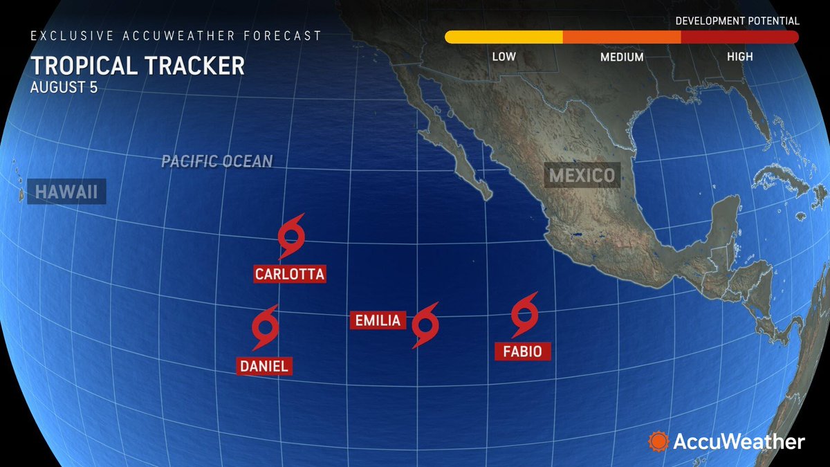 accuweather's tweet photo. There are now four Tropical Storms in the Eastern Pacific basin: #Daniel, #Carlotta, #Emilia, and #Fabio -- something that has not happened in 50 years. https://t.co/q0lGnnjjmm