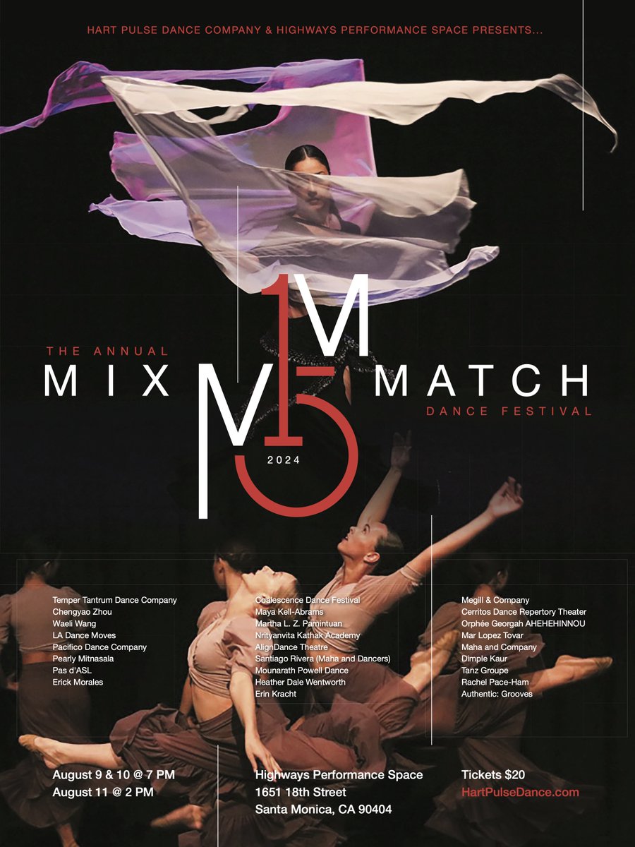 T-minus 5 days until artists take the stage in sunny Santa Monica for the 15th Annual MixMatch Dance Festival! 🤩Head to HartPulseDance.com to secure your tickets today! 🎟️

15th Annual MixMatch Dance Festival
August 9-11th
Highways Performance Space