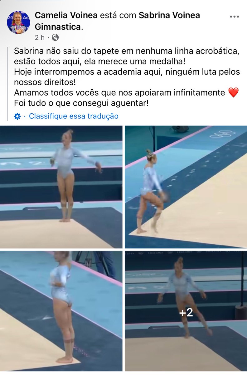 A mãe de Sabrina Voinea postou no facebook fotos que provam que a filha não saiu durante a passagem pelo solo e deu a entender que desistirão da ginástica.