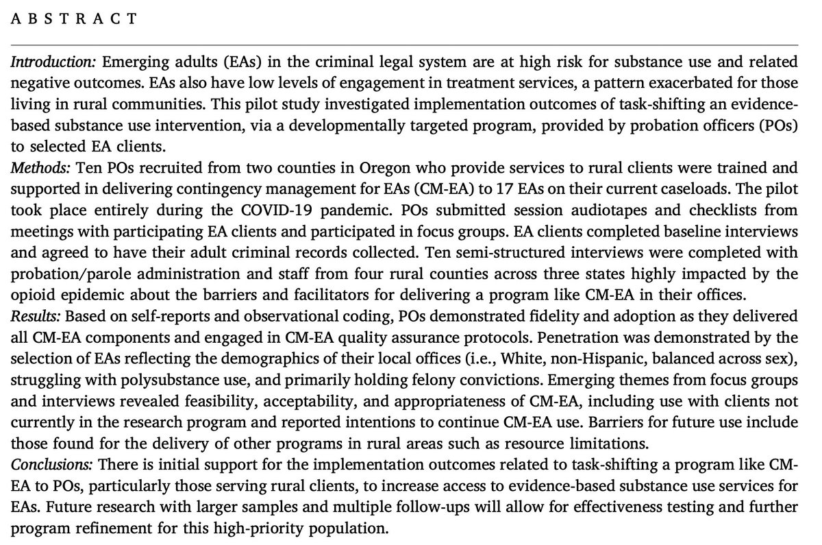 Outstanding <a href="/JSATjournal/">Journal of Substance Use & Addiction Tx (JSAT)</a> piece by Drazdowski and colleagues: Implementation outcomes from a pilot study of training probation officers to deliver contingency management for emerging adults with substance use disorders sciencedirect.com/science/articl…