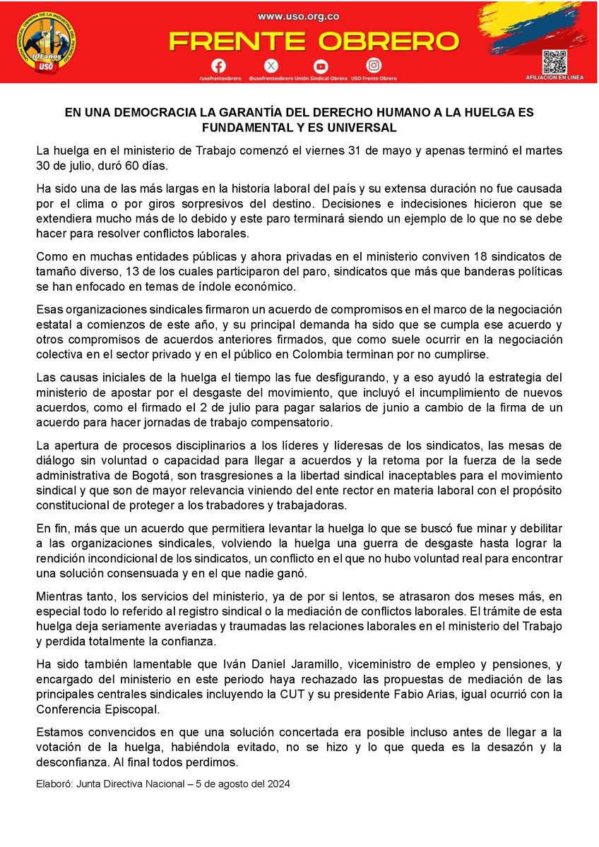 usofrenteobrero's tweet photo. #FelizLunes Publicamos nuestra declaración sobre la huelga larga y reciente en el ministerio de Trabajo de #Colombia. 
@cesarloza01 @DanielSossa9 @mlorozco78 @cutcolombia @fecode @fabioariascut @CGTCol @PercyOyola_CGT 
@ricarospina @anacrisrestrepo @USOCasabe @USO_cartagena @uso_meta @BcaVirtual @EnlaceRadioTV @SemanarioVOZ @periferiaprensa 
@sintramerito @unssp_ @asoness1 @unimintrab3380 @sinaltraempros @juanpablocalvas @paoherrerac