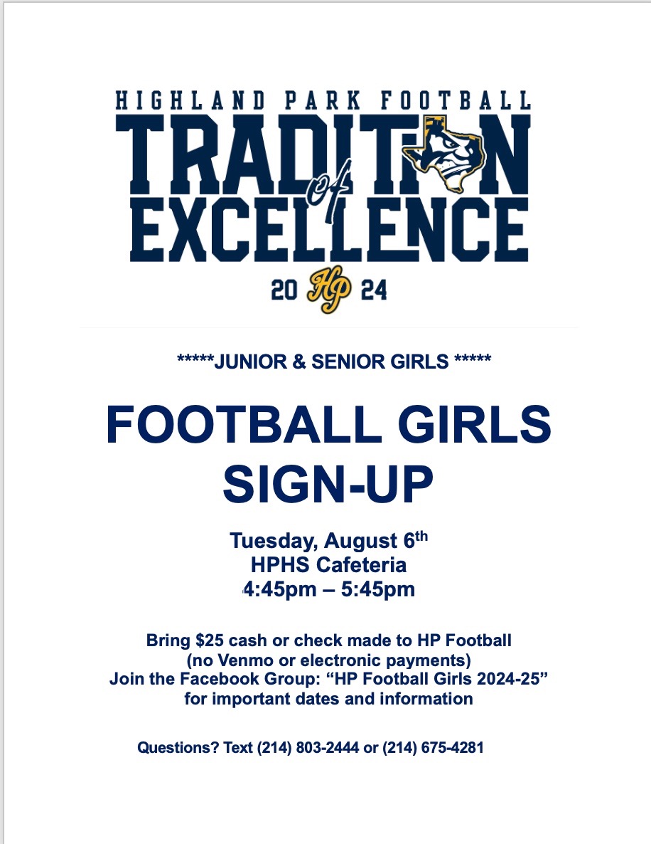 Attention Junior and Senior girls! Football girls sign up meeting is tomorrow, Tuesday 8/6 at 4:45pm in the cafeteria. Check out the flyer for more info and see you there!