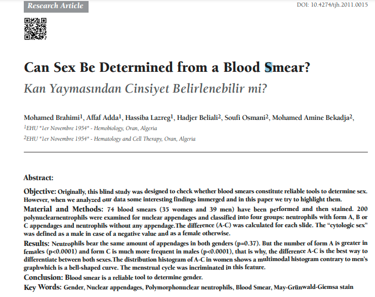 HalSear's tweet photo. @xxclusionary Interestingly, the research demonstrating that gender can be determined via blood smear was done by... Algerians. 🤯 https://t.co/pdE9Wa5h9B