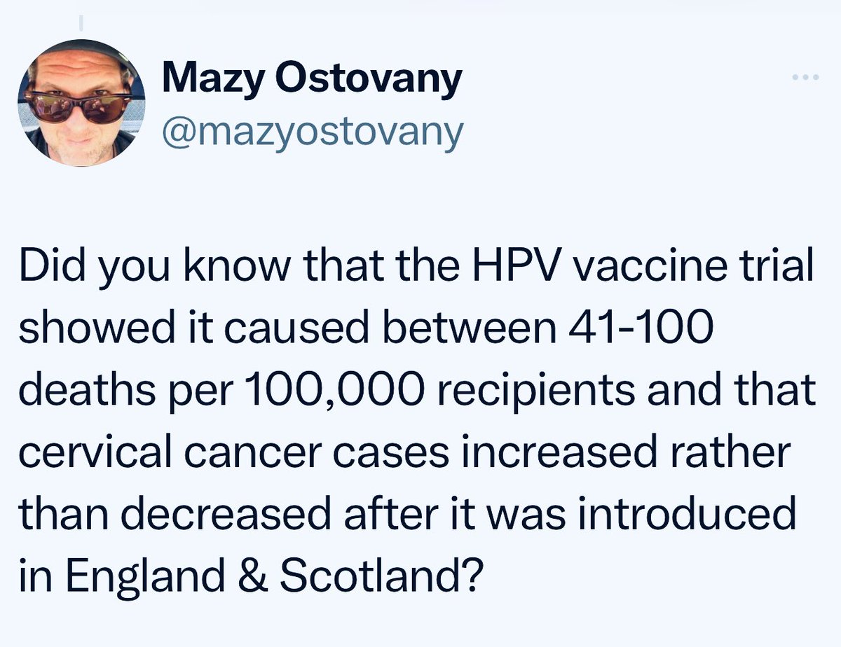 stopvaccinating's tweet photo. Also, did you know that the HPV vaccine has never been PROVEN to stop cancer? Nope, it’s just a HYPOTHESIS. That’s it.

Meanwhile, the HOV vaccine has killed hundreds of teens and permanently maimed over 100,000 teens.

It’s a diabolical vaccine that rips apart the insides of teens with its proprietary heavier weight aluminum adjuvant. 

Stay away from this vaccine!