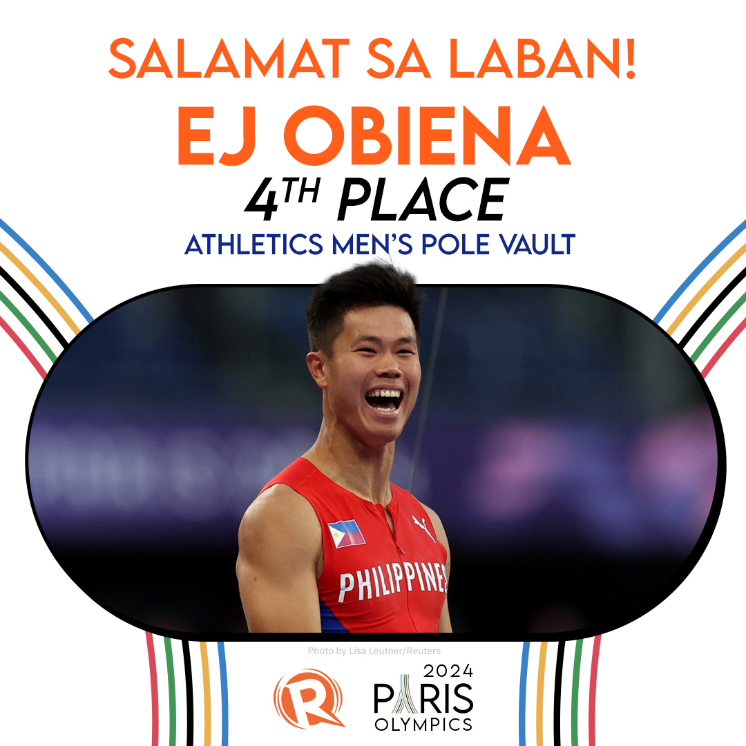 rapplerdotcom's tweet photo. BEST OLYMPIC FINISH FOR OBIENA 🇵🇭💪🏼

JUST IN. EJ Obiena falls short of a prized medal in the Paris Olympics as he finishes fourth in the men's pole vault final. 

Obiena fails to clear 5.95m as he misses out on becoming the Philippines' first Olympic athletics medalist since 1936.

Salamat sa laban, EJ! #Paris2024