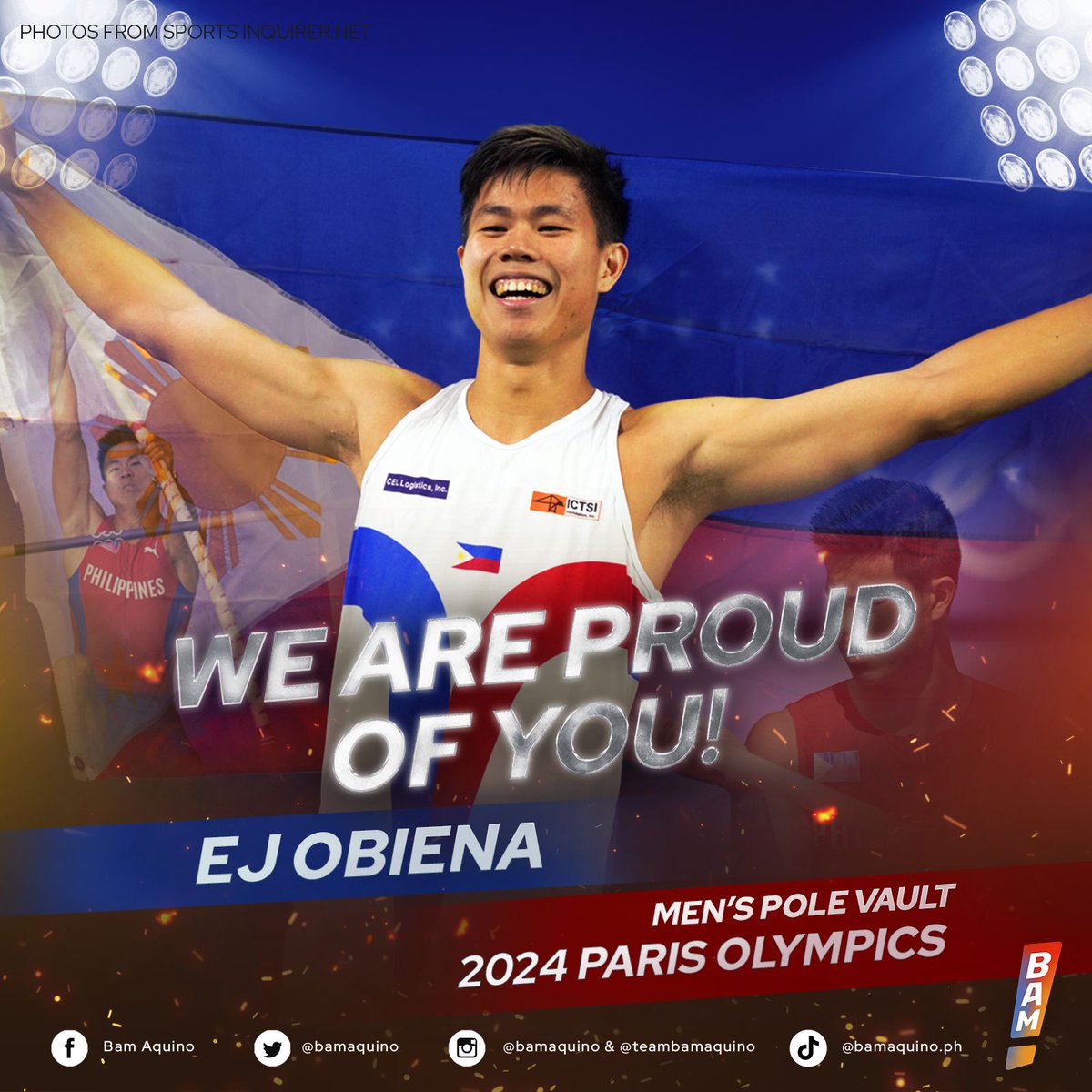bamaquino's tweet photo. WE ARE PROUD OF YOU, EJ! 🇵🇭 Maraming salamat sa ipinakita mong puso, husay, at inspirasyon! Malaking karangalan ang naabot mo! SALAMAT, EJ OBIENA!  #Paris2024 #LabanPilipinas https://t.co/roRxkrKuNH