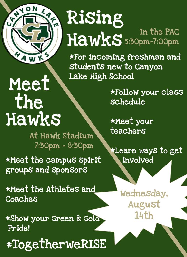 Hawks Rising and Meet the Hawks next Wednesday August 14th!!

Don't miss out!!
<a href="/CLHSNLMorrisAP/">Nicole L. Morris</a> <a href="/jessicamccoyAP/">Jessica McCoy</a> <a href="/Ms_Raabe/">Liesel Raabe</a> <a href="/CLHS_Counselor/">Sara Johnson</a> <a href="/clhsaca/">Mandy Stefinsky</a> <a href="/CLakeStuCo/">CanyonLakeStuCo</a> <a href="/CanyonLakeDance/">Canyon Lake Dance</a> <a href="/CanyonLakeCheer/">Canyon Lake Cheer</a> <a href="/CLTXFB/">Canyon Lake Football</a>