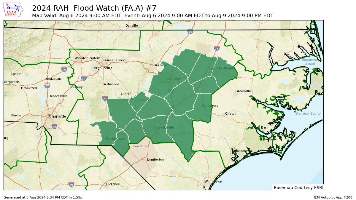 iembot_rah's tweet photo. RAH issues Flood Watch valid at Aug 6, 9:00 AM EDT for Cumberland, Edgecombe, Franklin, Harnett, Hoke, Johnston, Lee, Moore, Nash, Richmond, Sampson, Scotland, Wake, Wayne, Wilson [NC] till Aug 9, 9:00 PM EDT https://t.co/aS88mTaR2Z https://t.co/OLP3i5E5zM