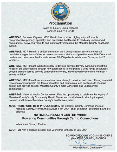 MCR_Health's tweet photo. Thanks to @manateegov for recognizing National Health Center Week with their proclamation! Our board chair Mary Lydia Ruiz accepted the recognition on our behalf. @NACHC #flapol https://t.co/X5OekALGFM